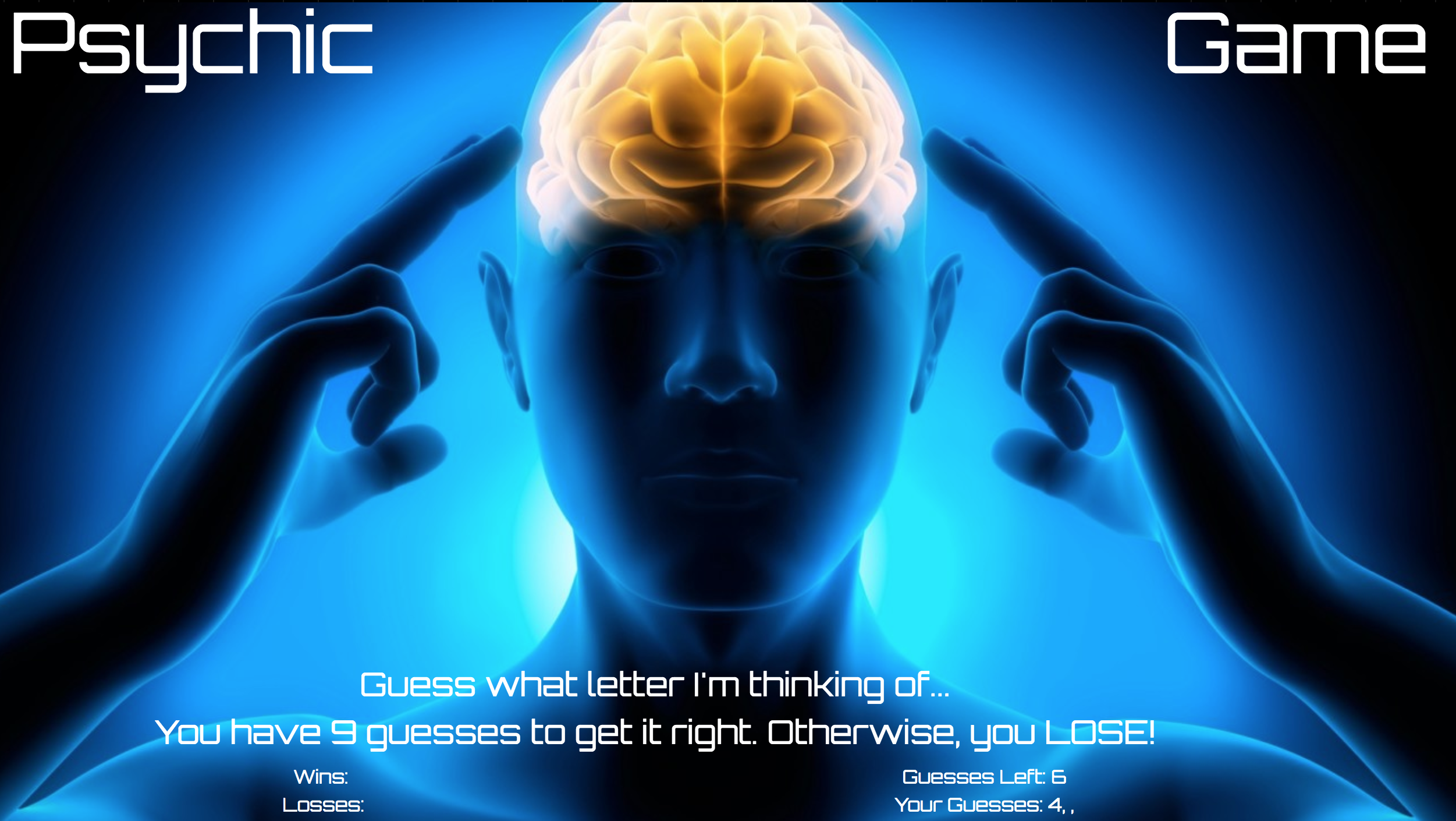 Screen Shot of Psychic Game Homepage